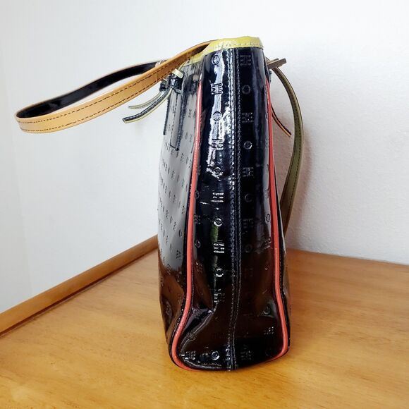 VTG ARCADIA Black Gloss TOTE BAG SHOULDER PURSE PATENT LEATHER Travel Bag - Picture 4 of 12